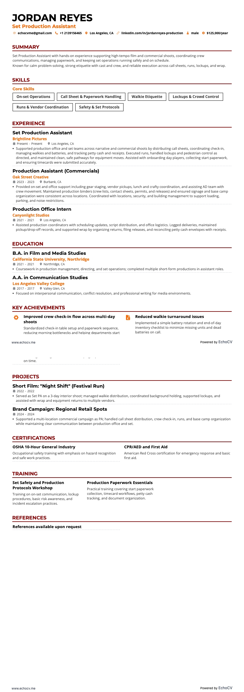 Set Production Assistant example resume