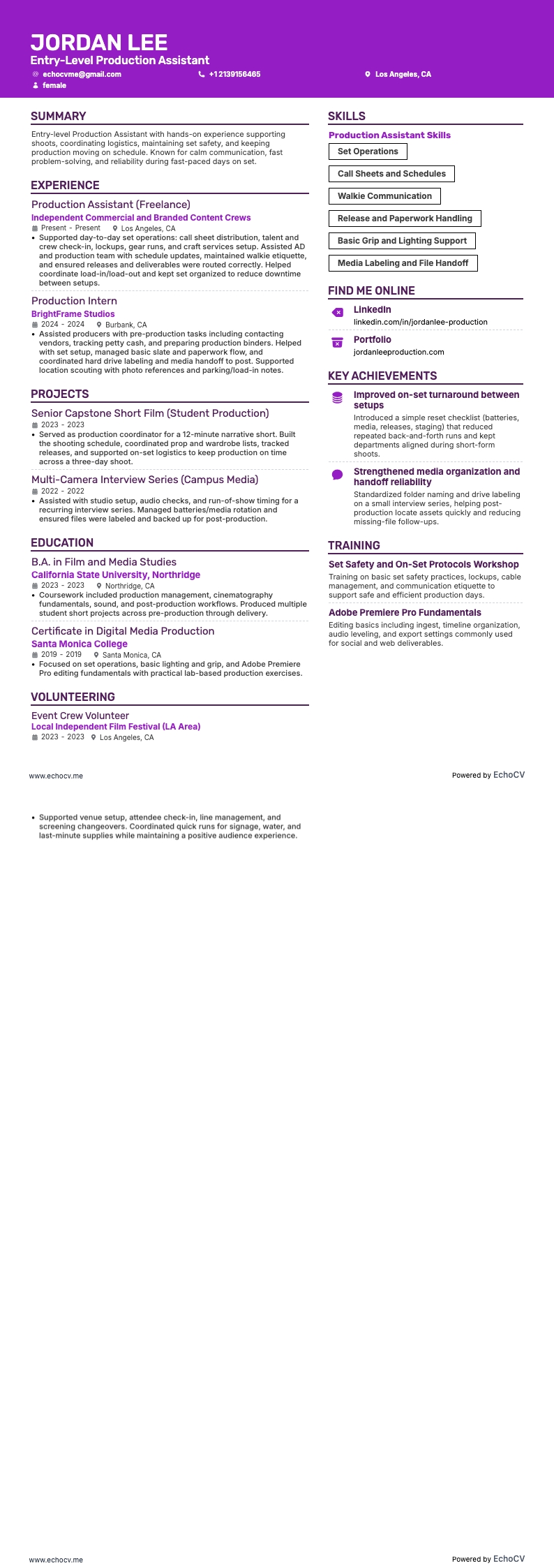 Entry-Level Production Assistant example resume