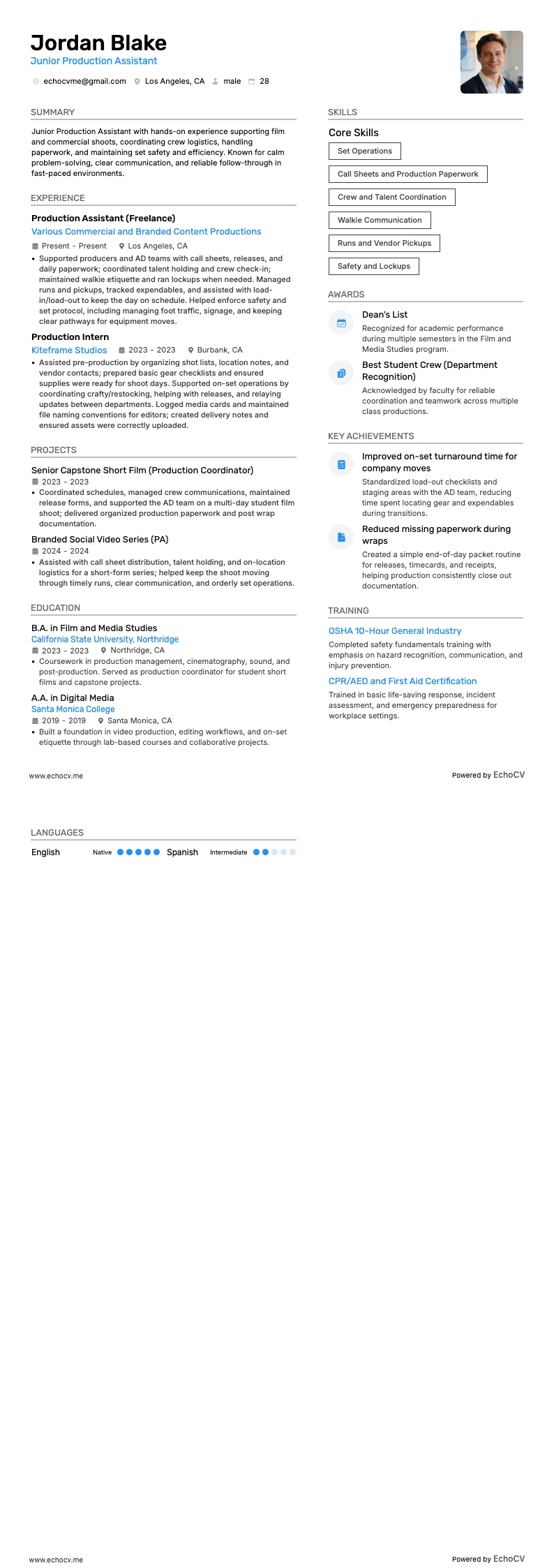 Junior Production Assistant example resume