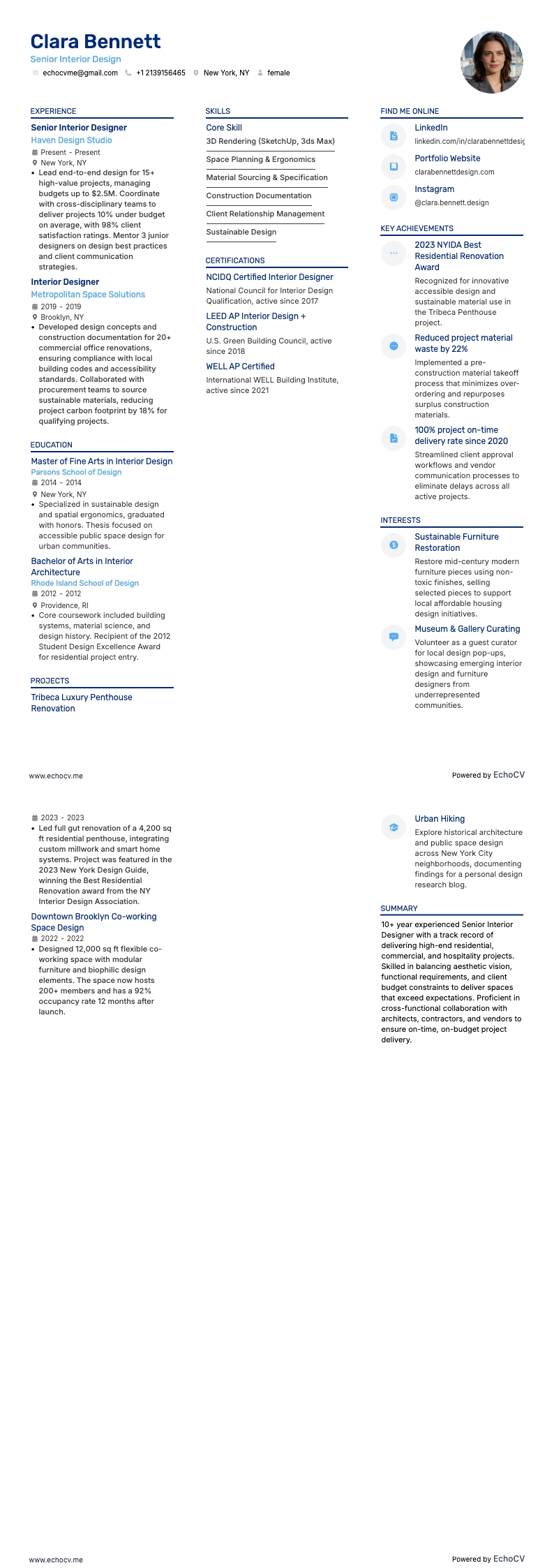 シニアインテリアデザイン example resume