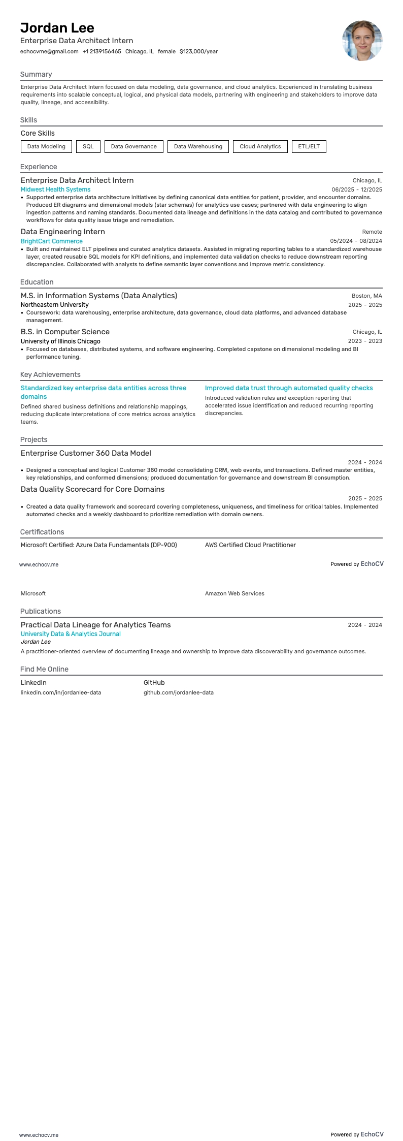 Enterprise Data Architect Intern example resume