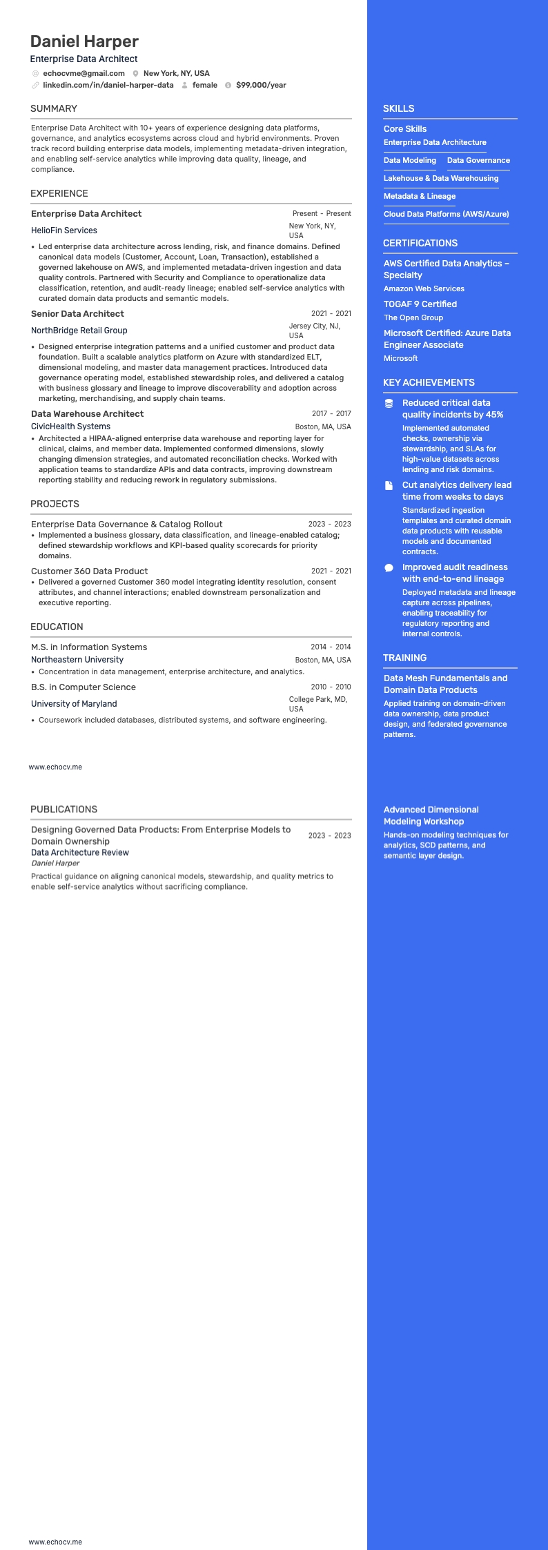 Enterprise Data Architect resume example