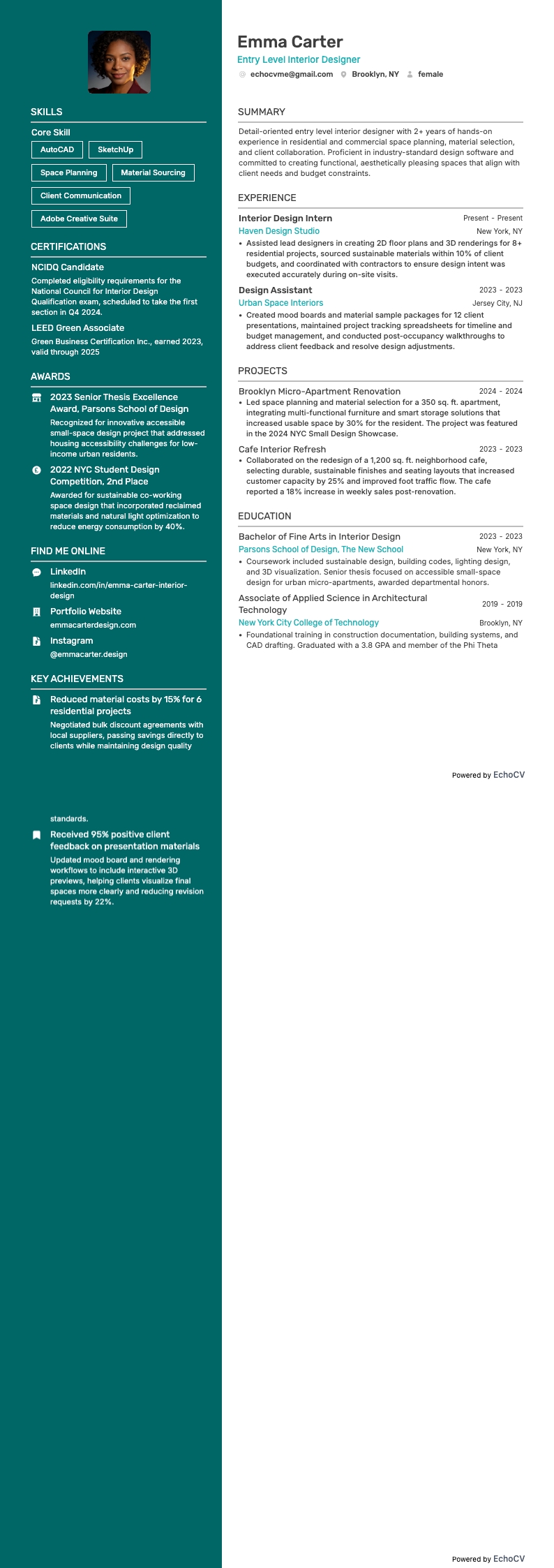 未経験向けインテリアデザイナー example resume