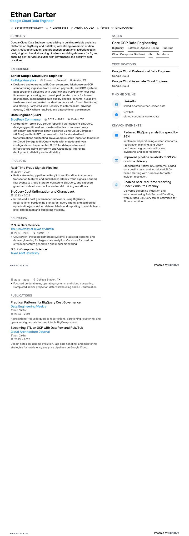 GCP数据工程师 resume example