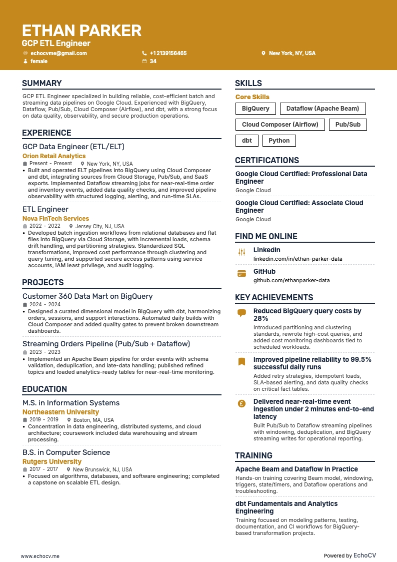 Ingénieur data GCP resume example