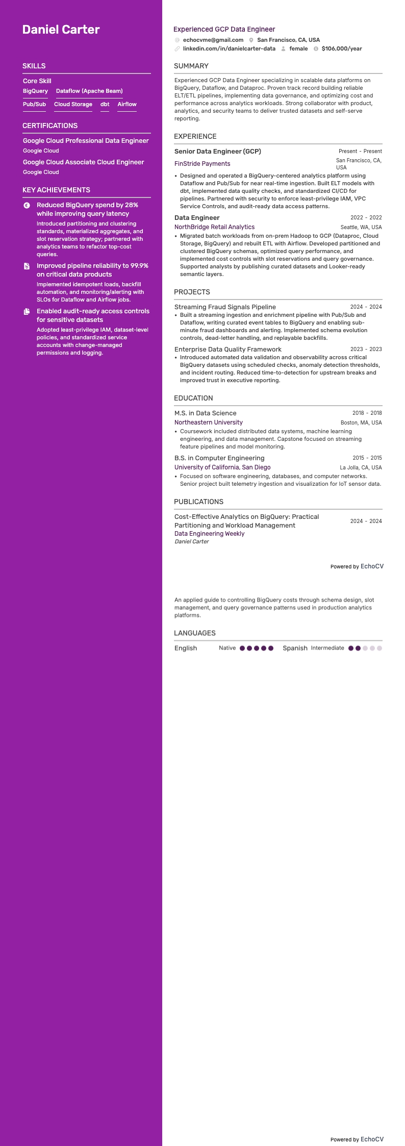 GCP-Dateningenieur resume example