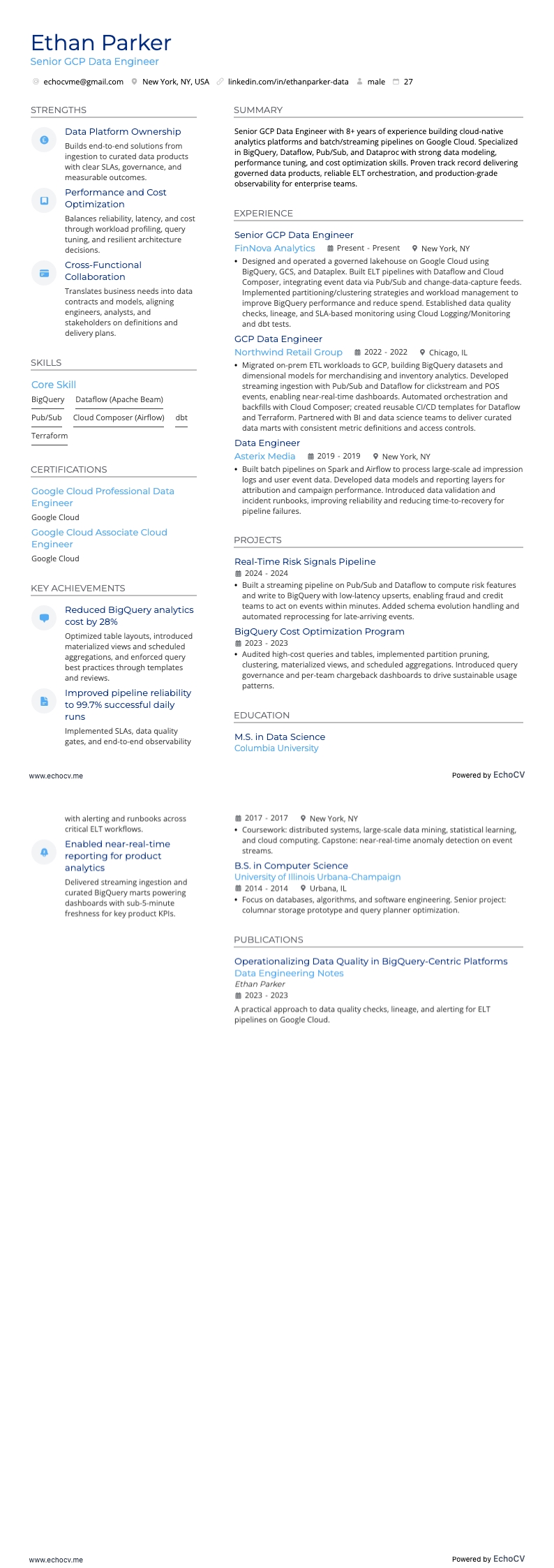 Ingeniero de datos de GCP resume example