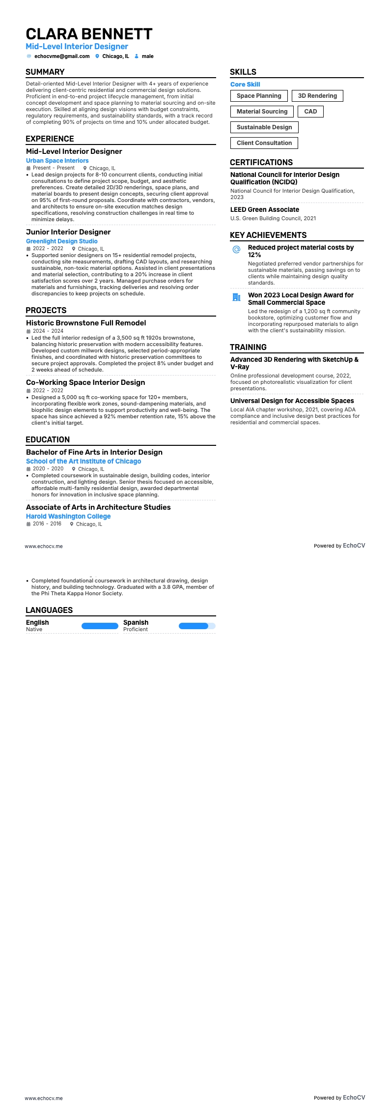 中堅インテリアデザイナー example resume