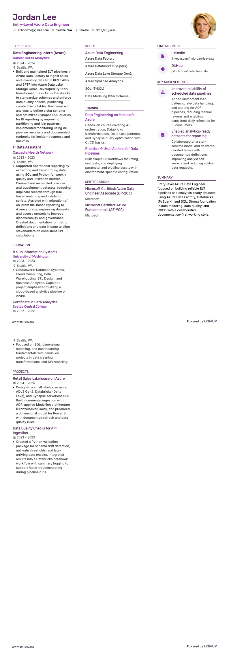 Data Engineer Azure resume example