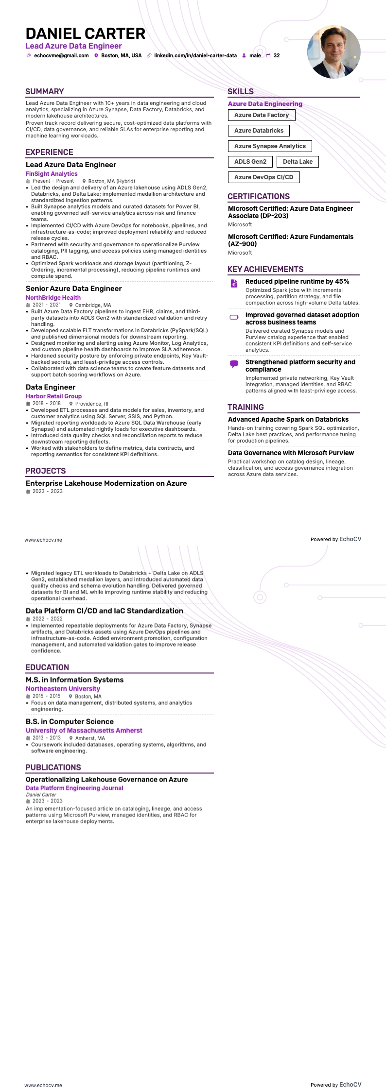 Azure 데이터 엔지니어 resume example