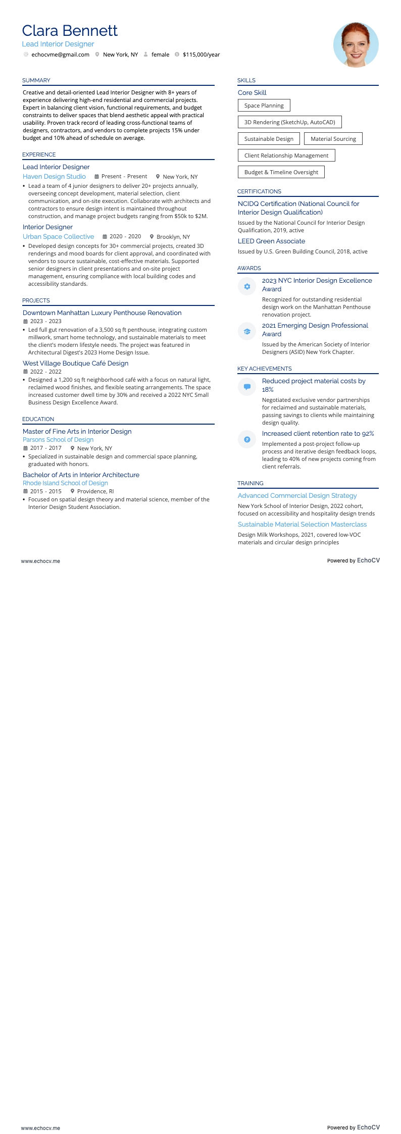 主任インテリアデザイナー example resume