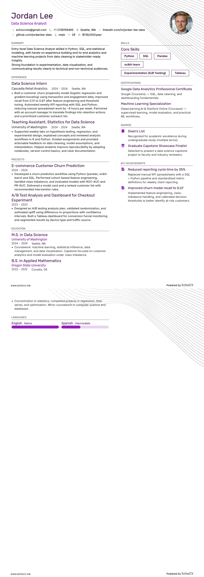 Data Scientist Débutant resume example