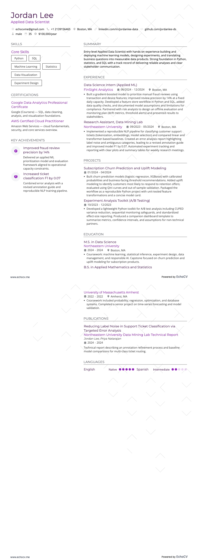 Data Scientist applicato example resume