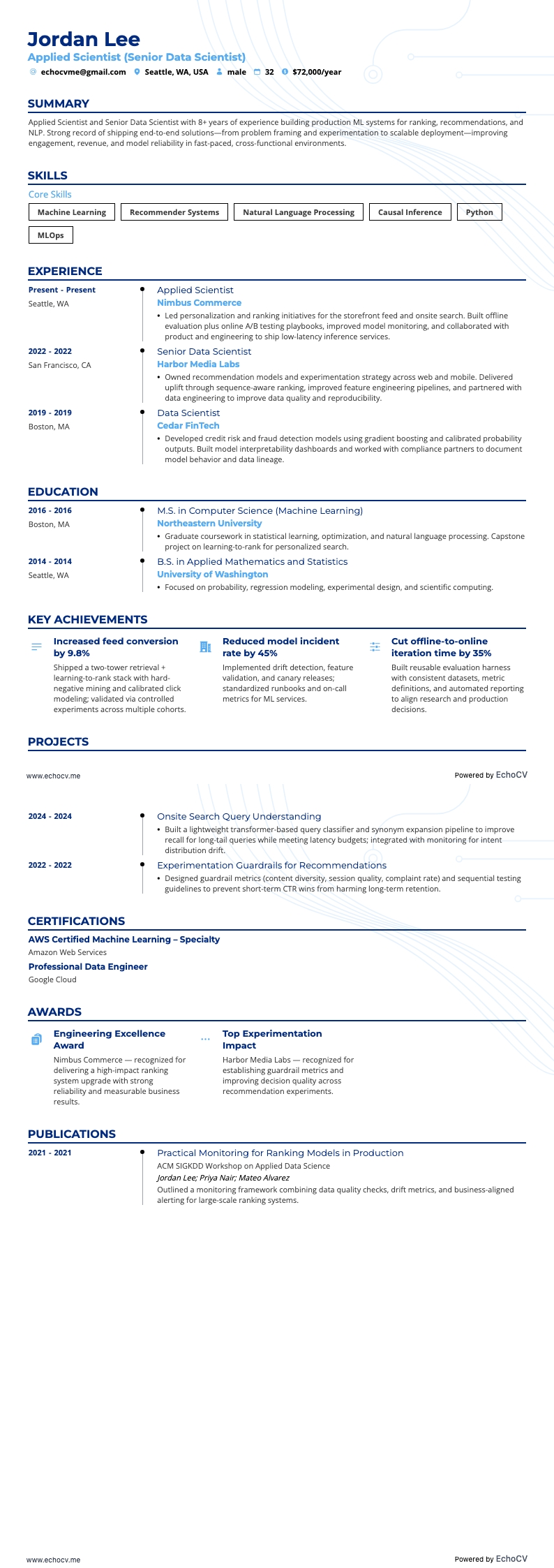 Científico de Datos Sénior resume example