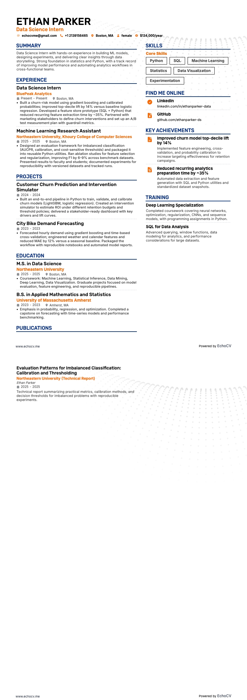 Data Science-stagiair resume example