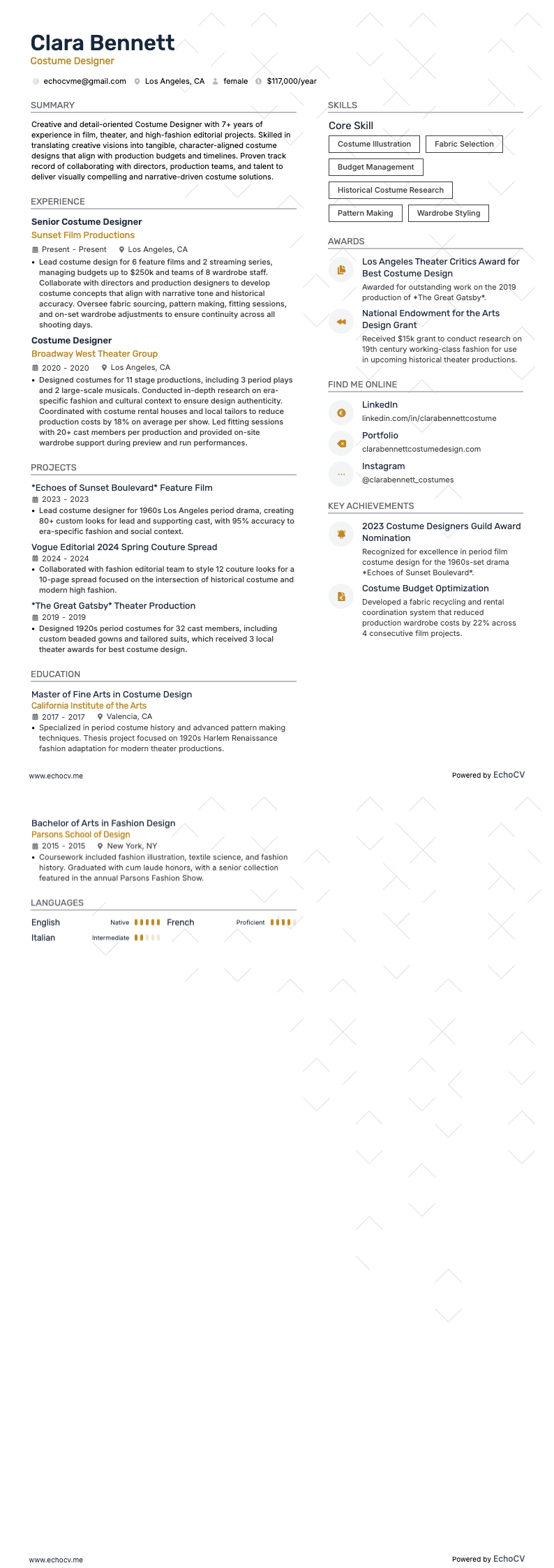 Costume Designer example resume