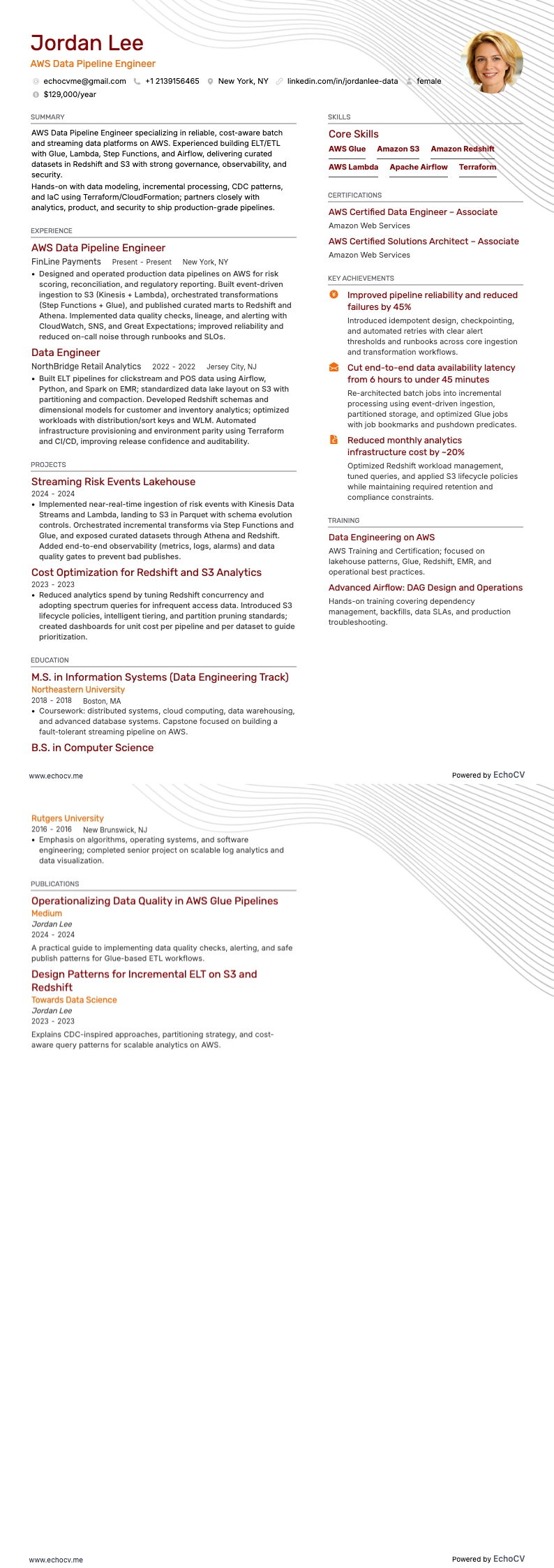 Ingeniero de datos de AWS resume example