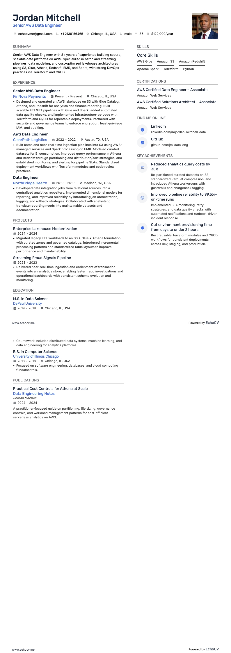AWS 데이터 엔지니어 resume example