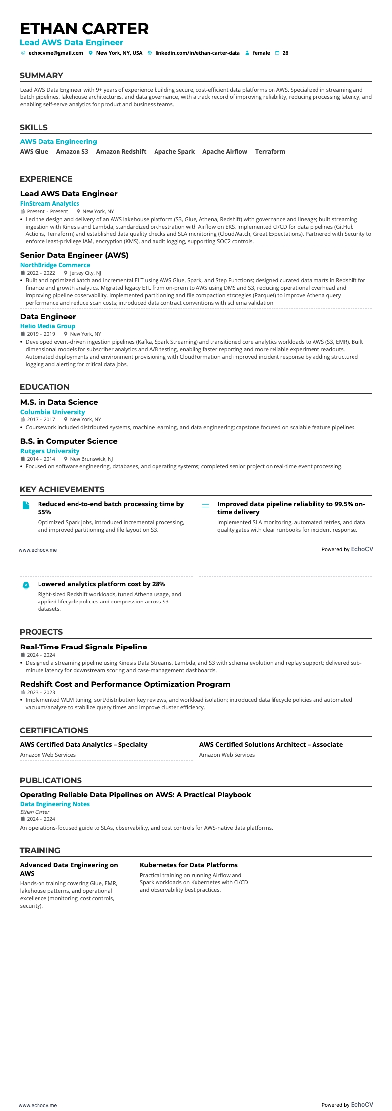 AWS Data Engineer resume example