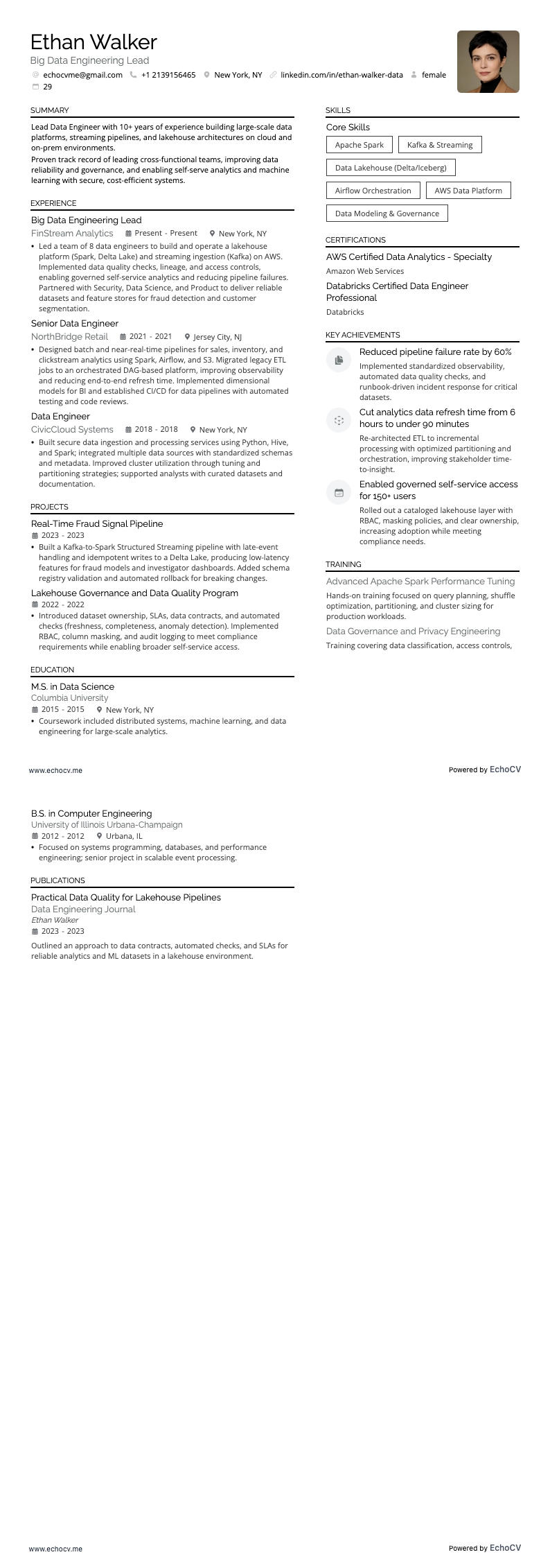 数据工程主管 resume example