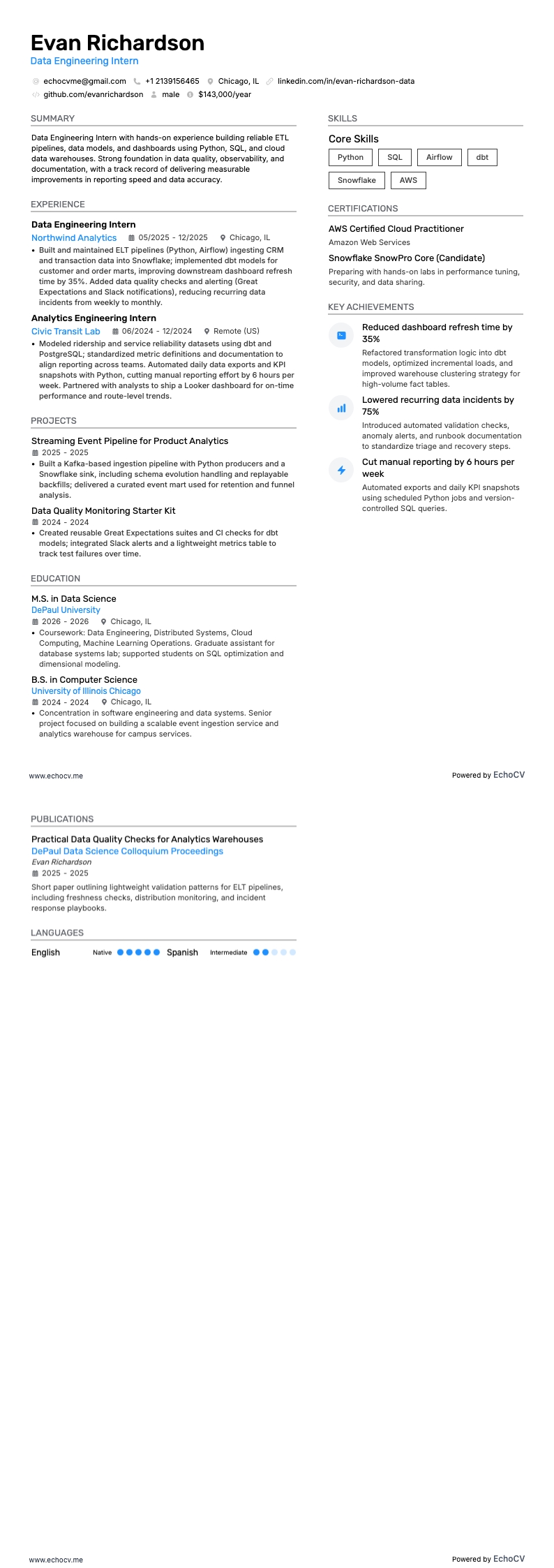 Data Engineering Intern example resume