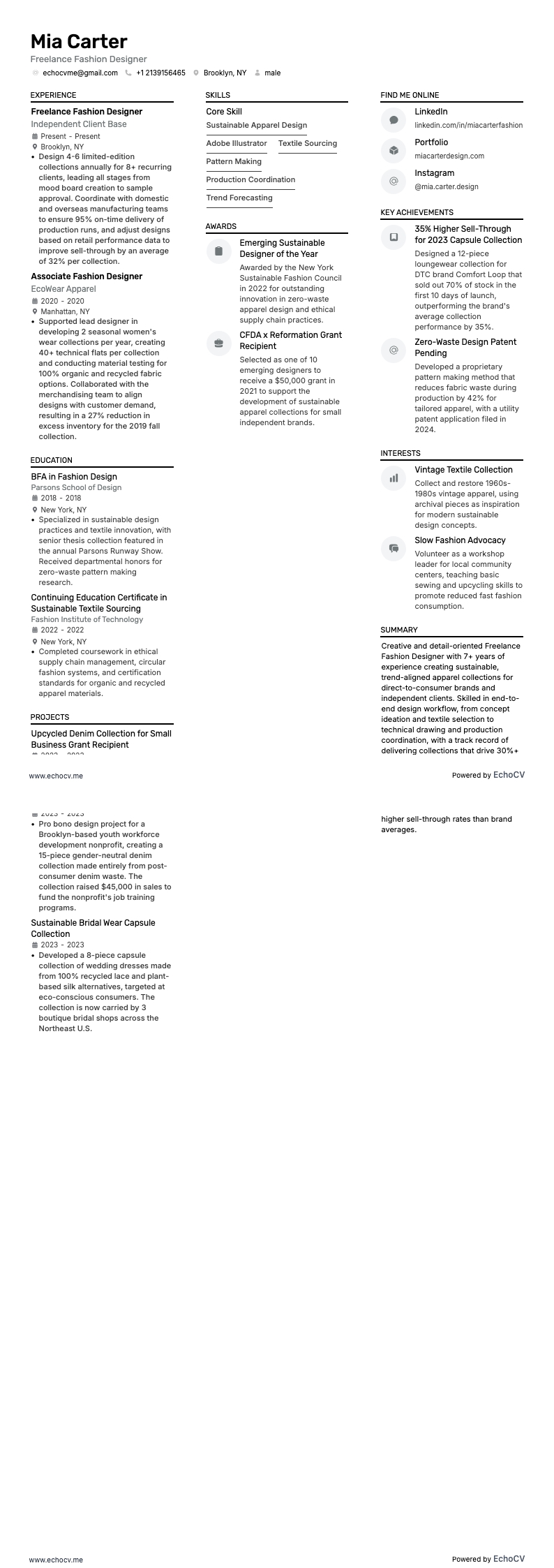 Freelance Fashion Designer example resume