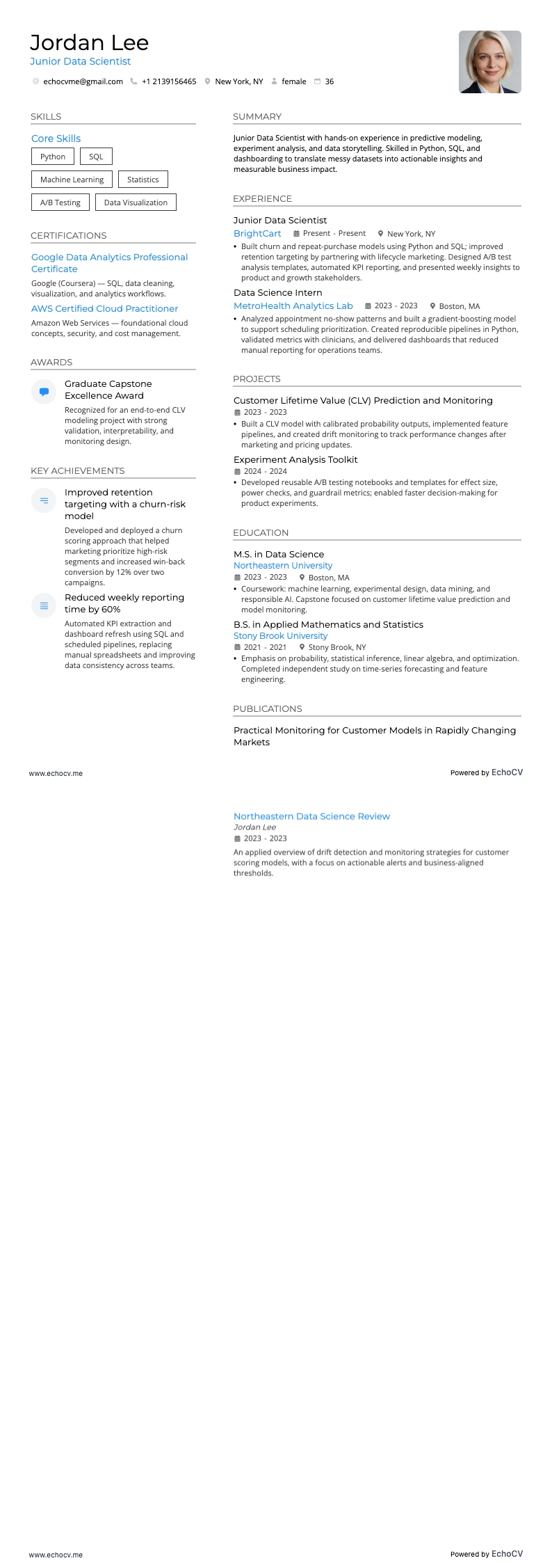 初级数据科学家 example resume