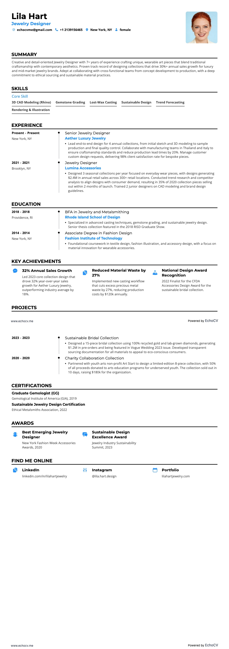 Jewelry Designer example resume