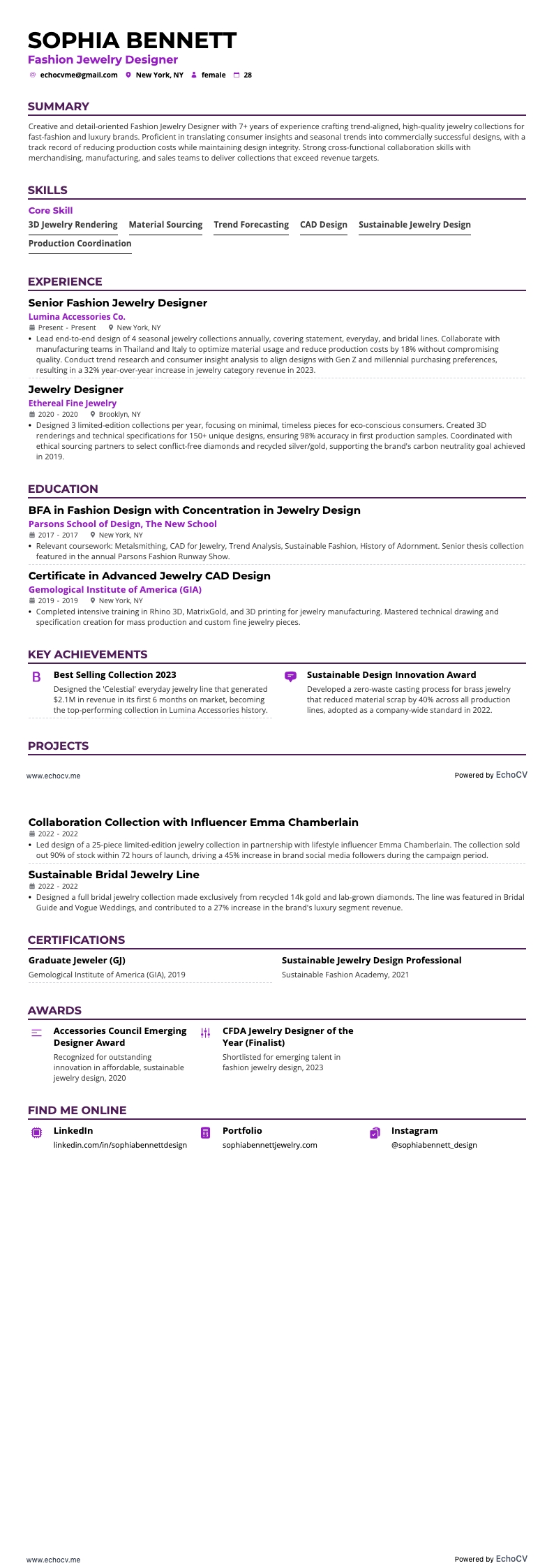 Fashion Jewelry Designer example resume
