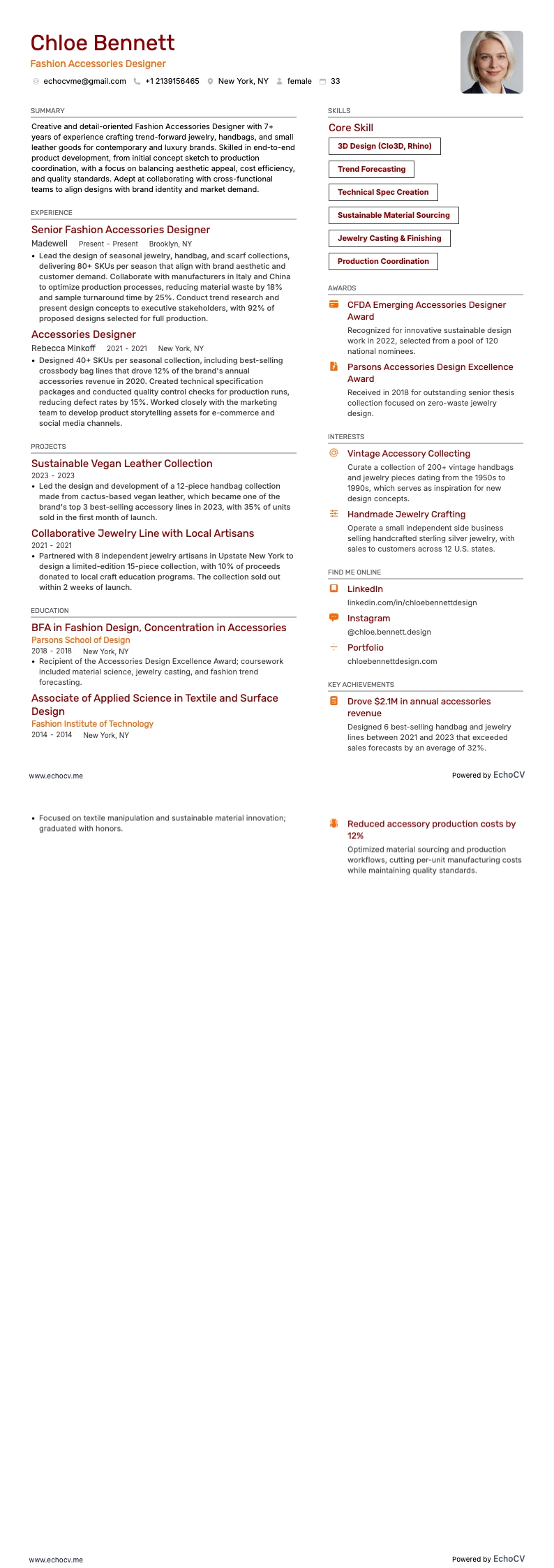 Fashion Accessories Designer example resume