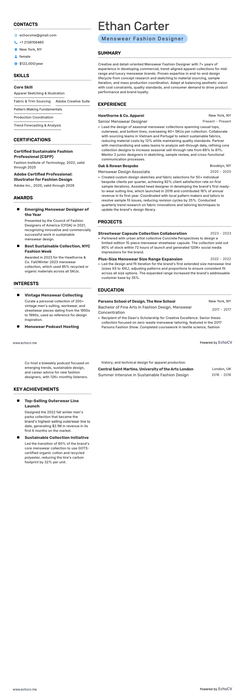 Menswear Fashion Designer example resume