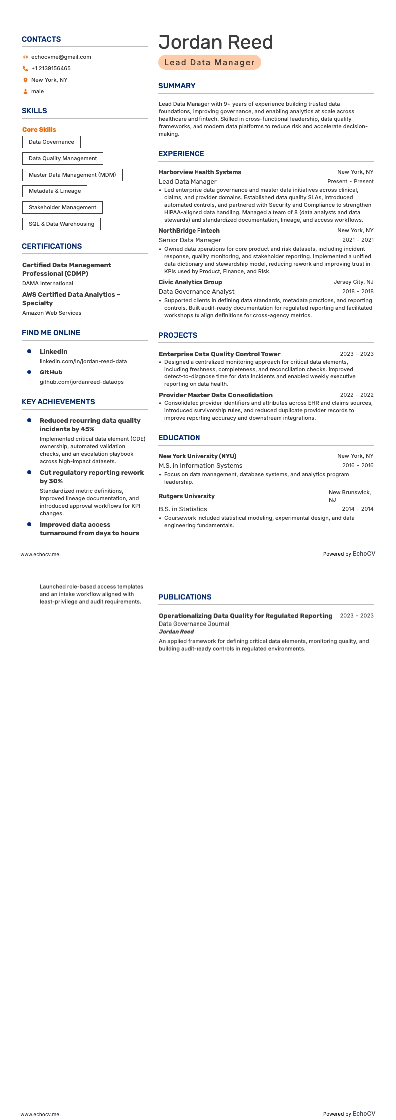 Lead Data Manager example resume