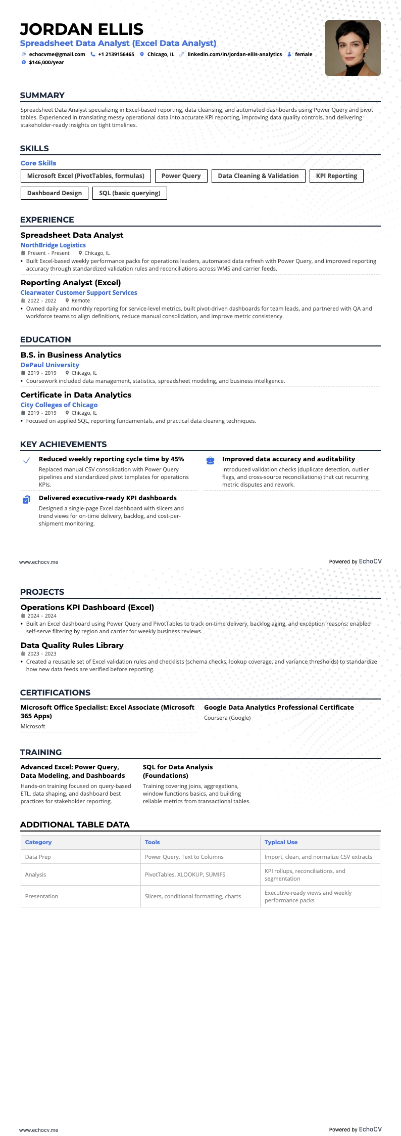 Spreadsheet Data Analyst example resume