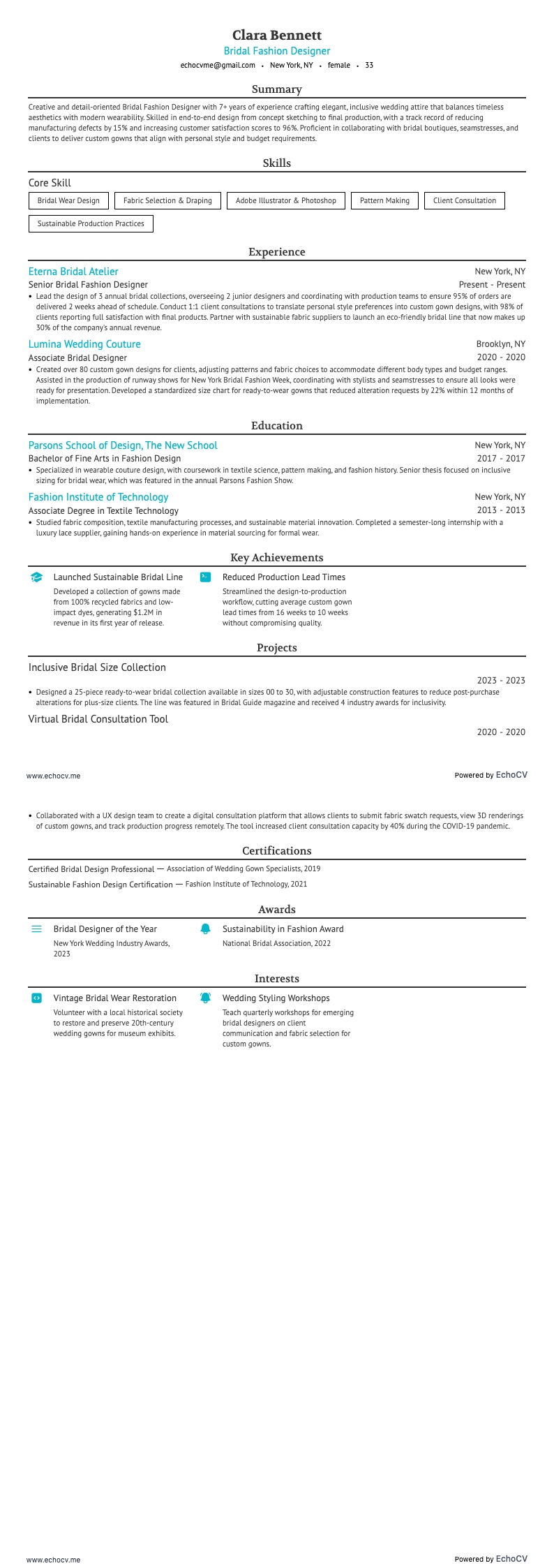 Bridal Fashion Designer example resume