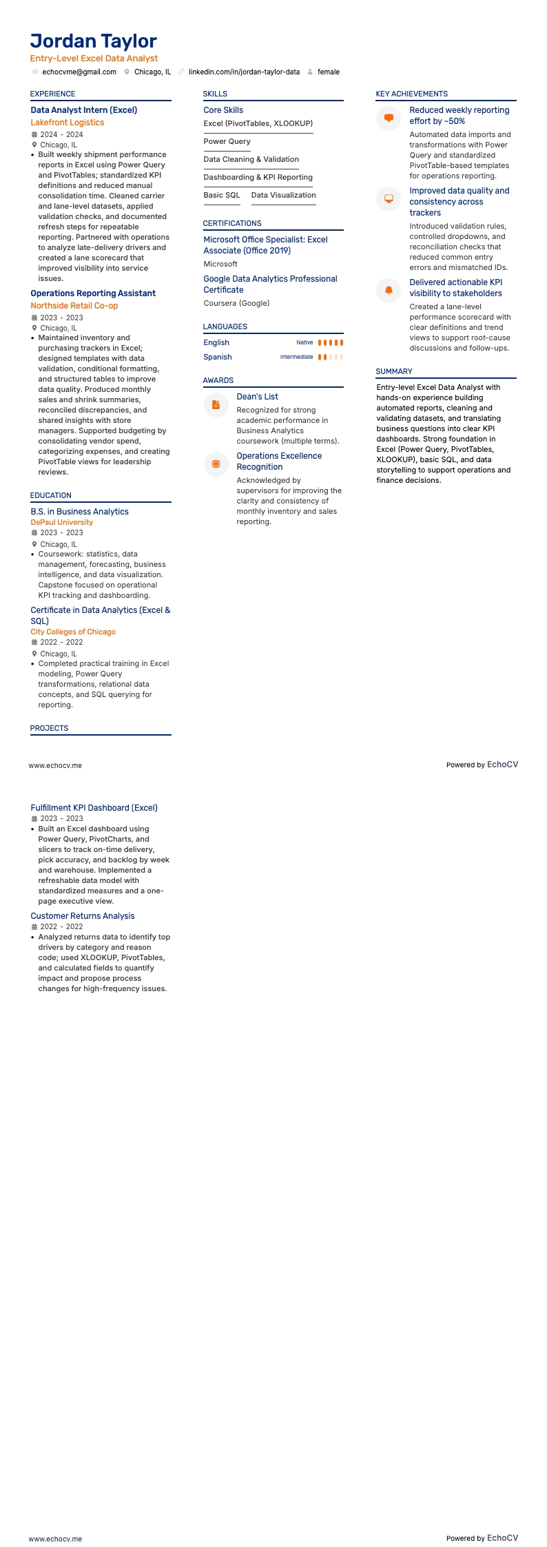 Excel-data-analist resume example