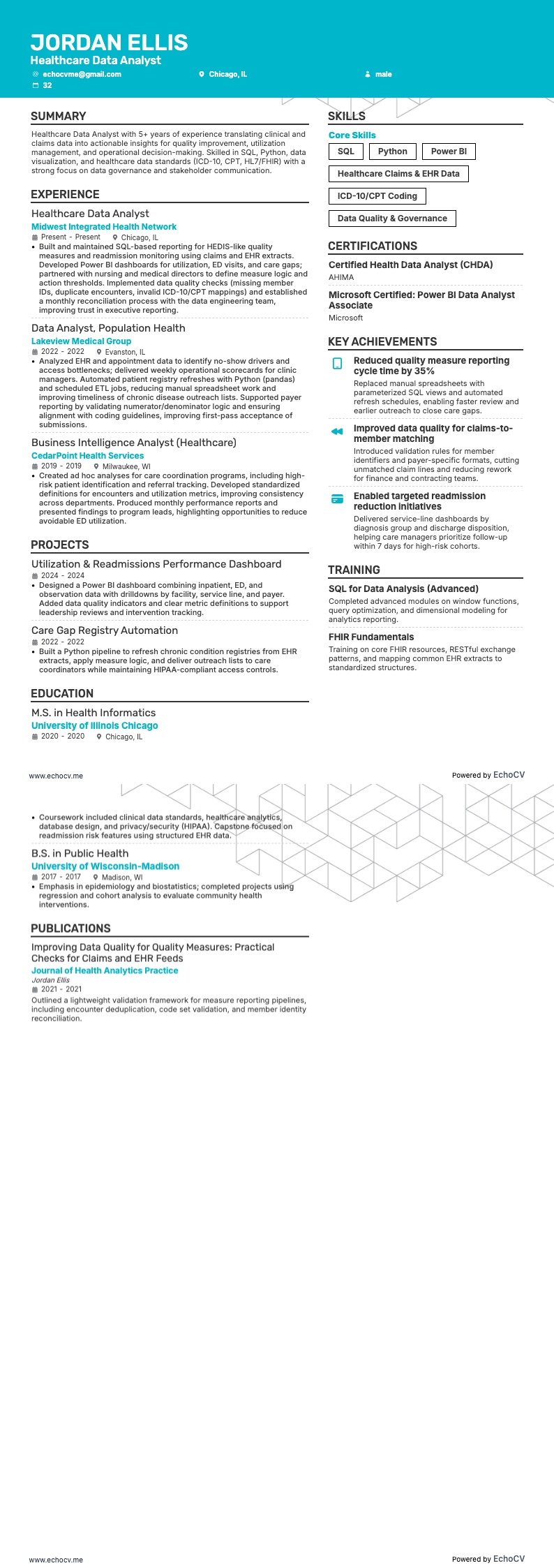 Healthcare Data Analyst example resume