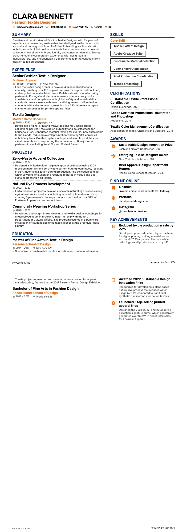 Fashion Textile Designer example resume