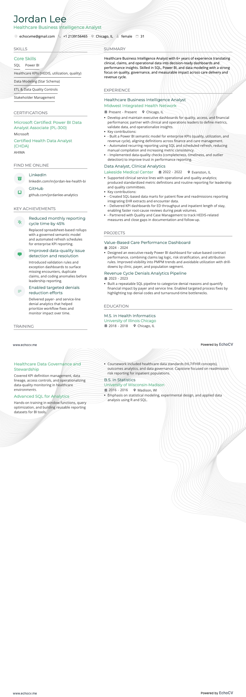 Healthcare Business Intelligence Analyst example resume