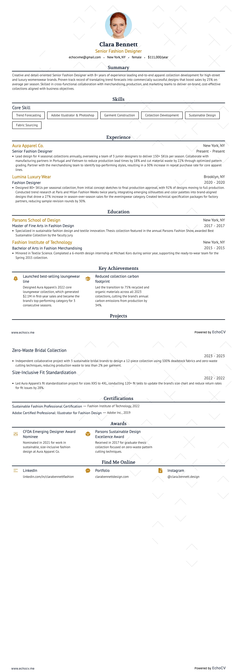 Senior Fashion Designer example resume