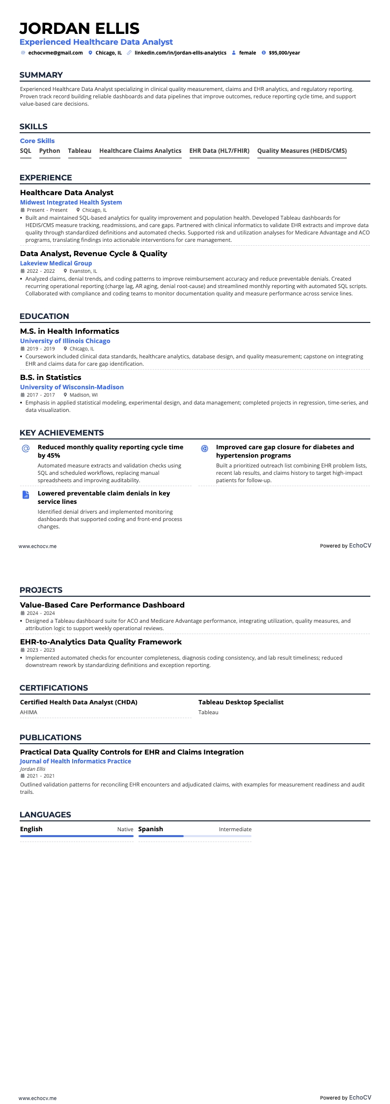 Experienced Healthcare Data Analyst example resume