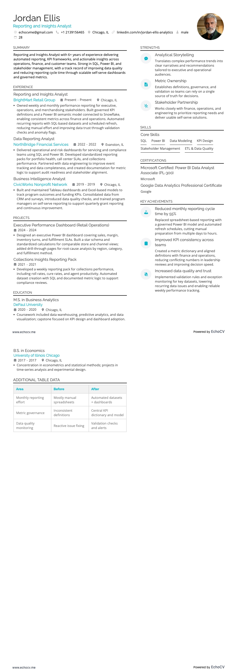 Reporting and Insights Analyst example resume