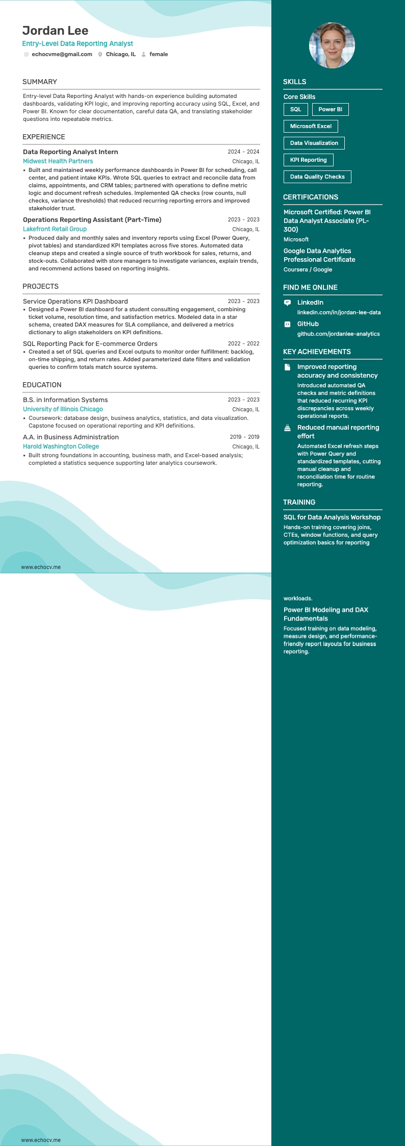 Entry-Level Data Reporting Analyst example resume