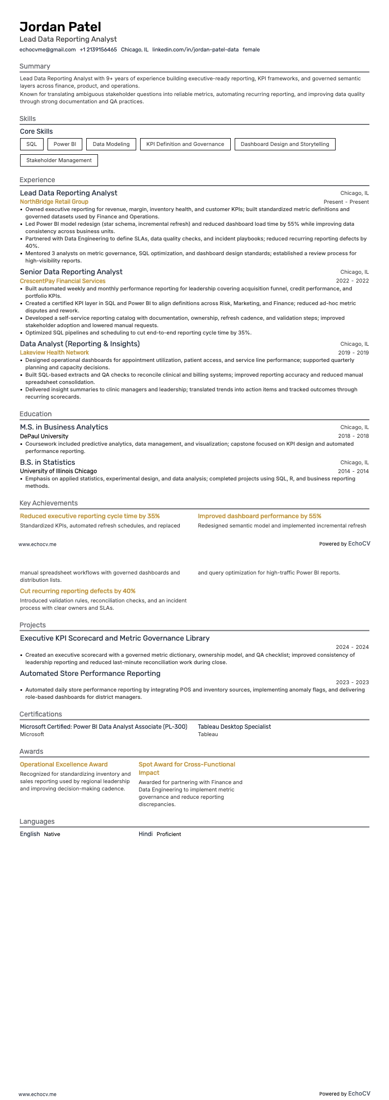 Lead Data Reporting Analyst example resume