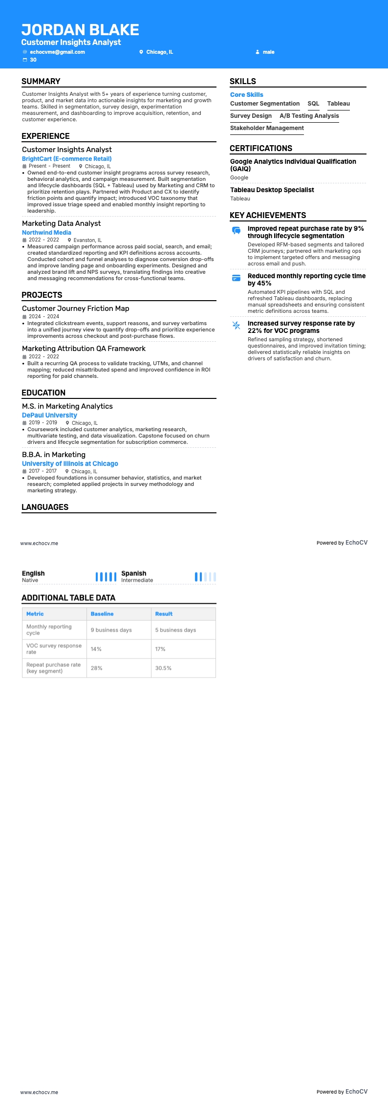 Chuyên viên phân tích insight khách hàng example resume