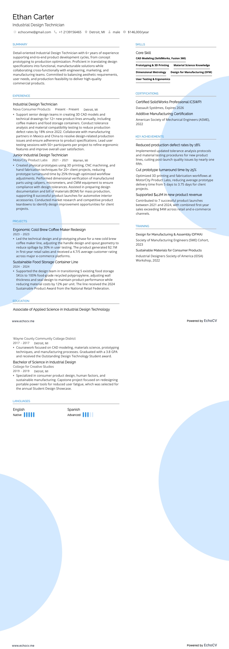 インダストリアルデザイン技術者 example resume