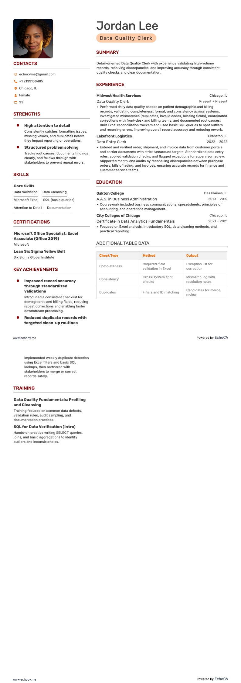 Data Quality Clerk example resume