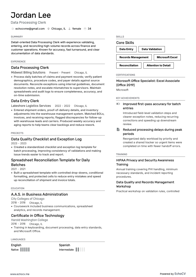 Data Processing Clerk example resume