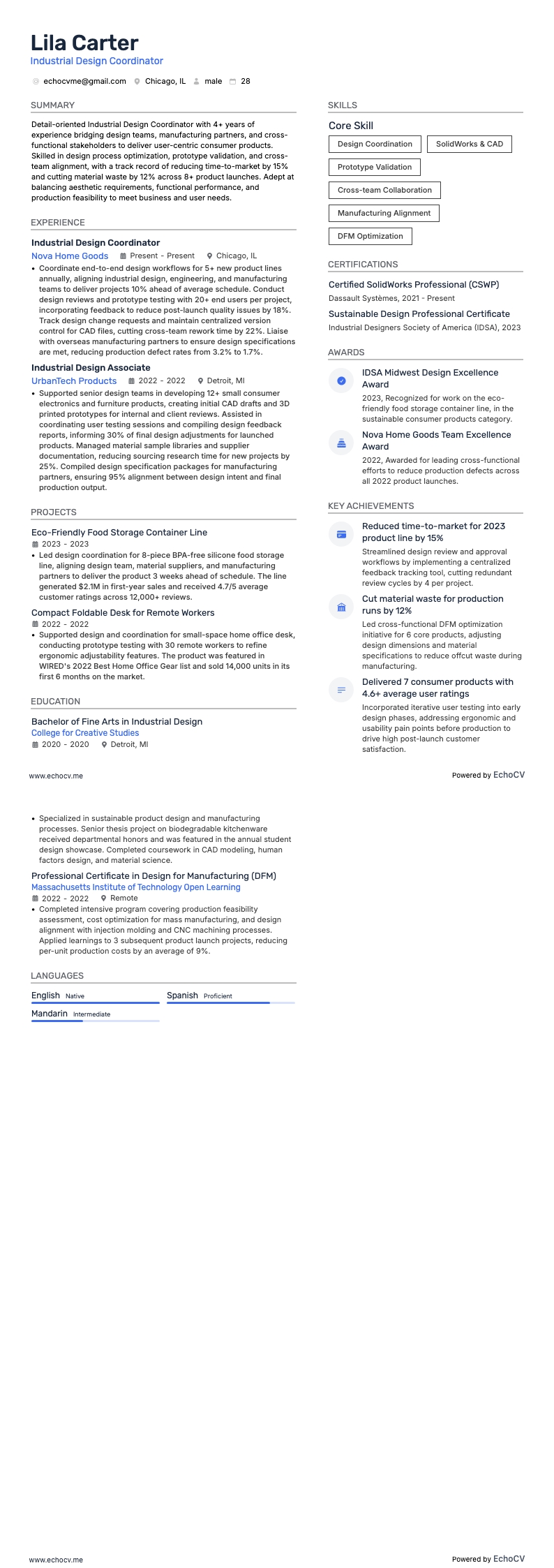インダストリアルデザインコーディネーター example resume