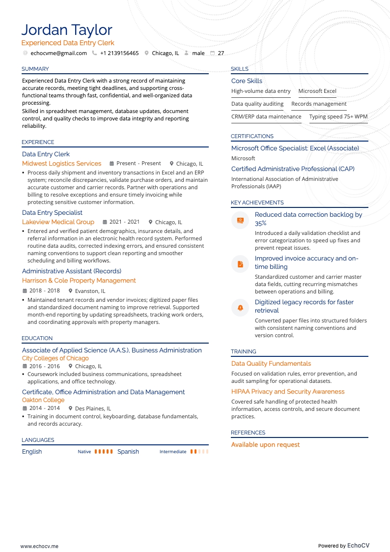 Experienced Data Entry Clerk example resume