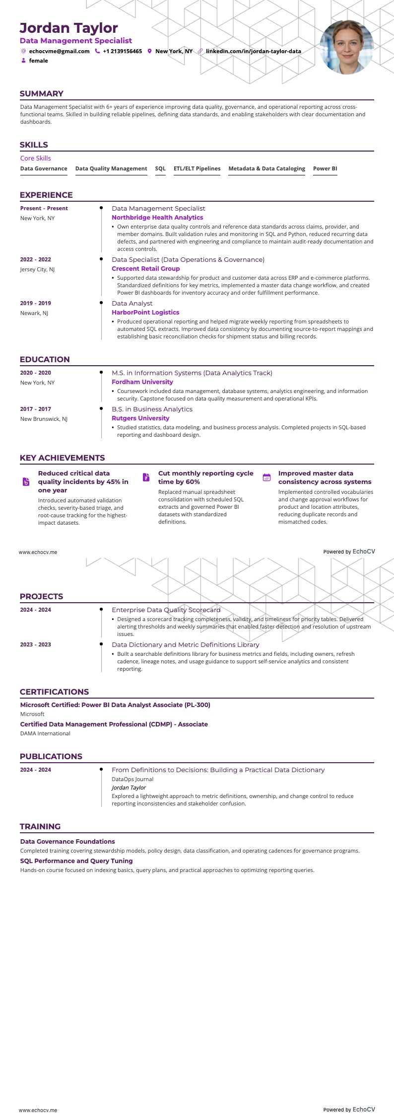 Data Management Specialist example resume